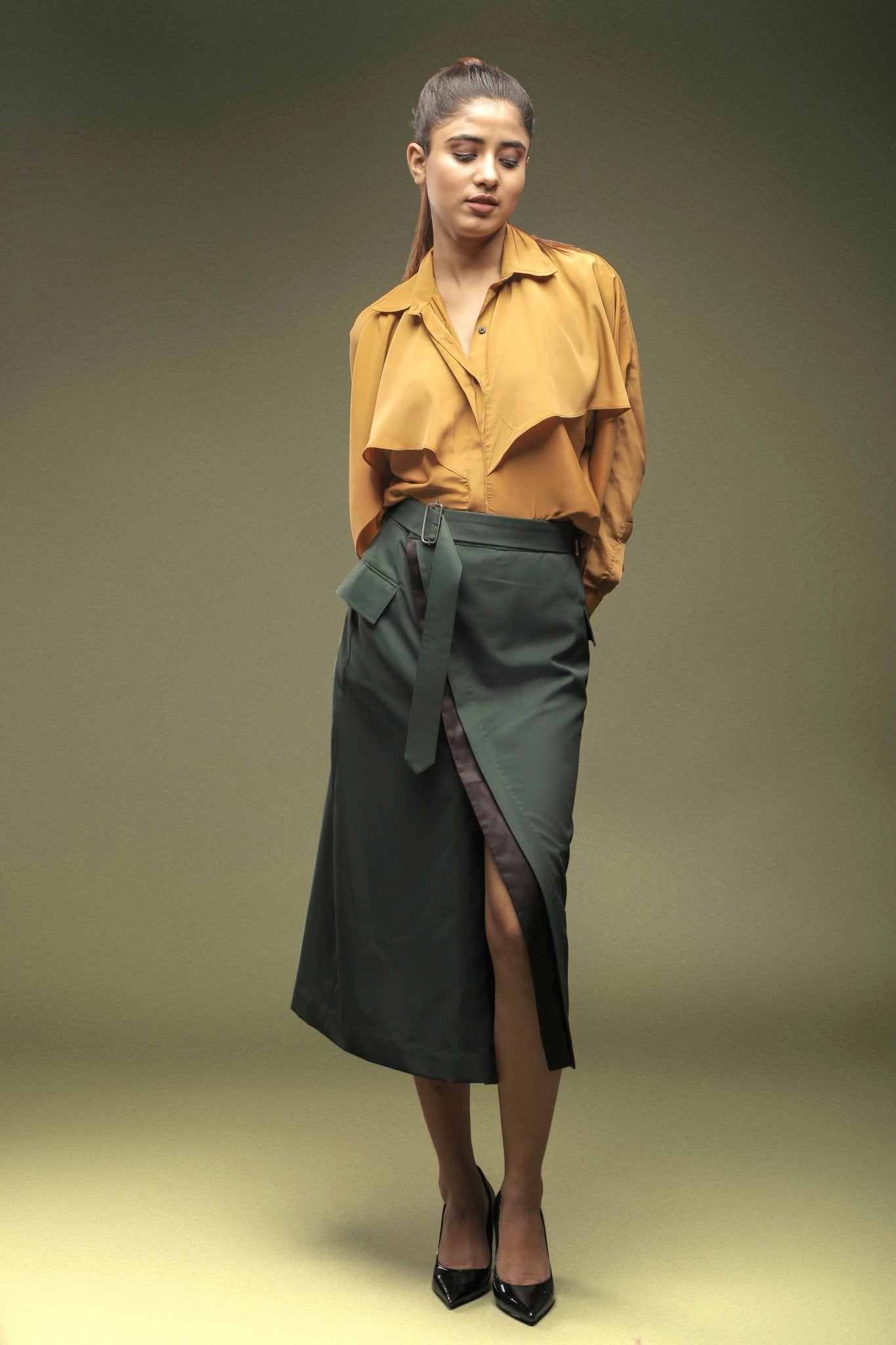 Ochre Yellow Layered Shirt & Green Front Open Skirt Combo - Dheeraj Sharma