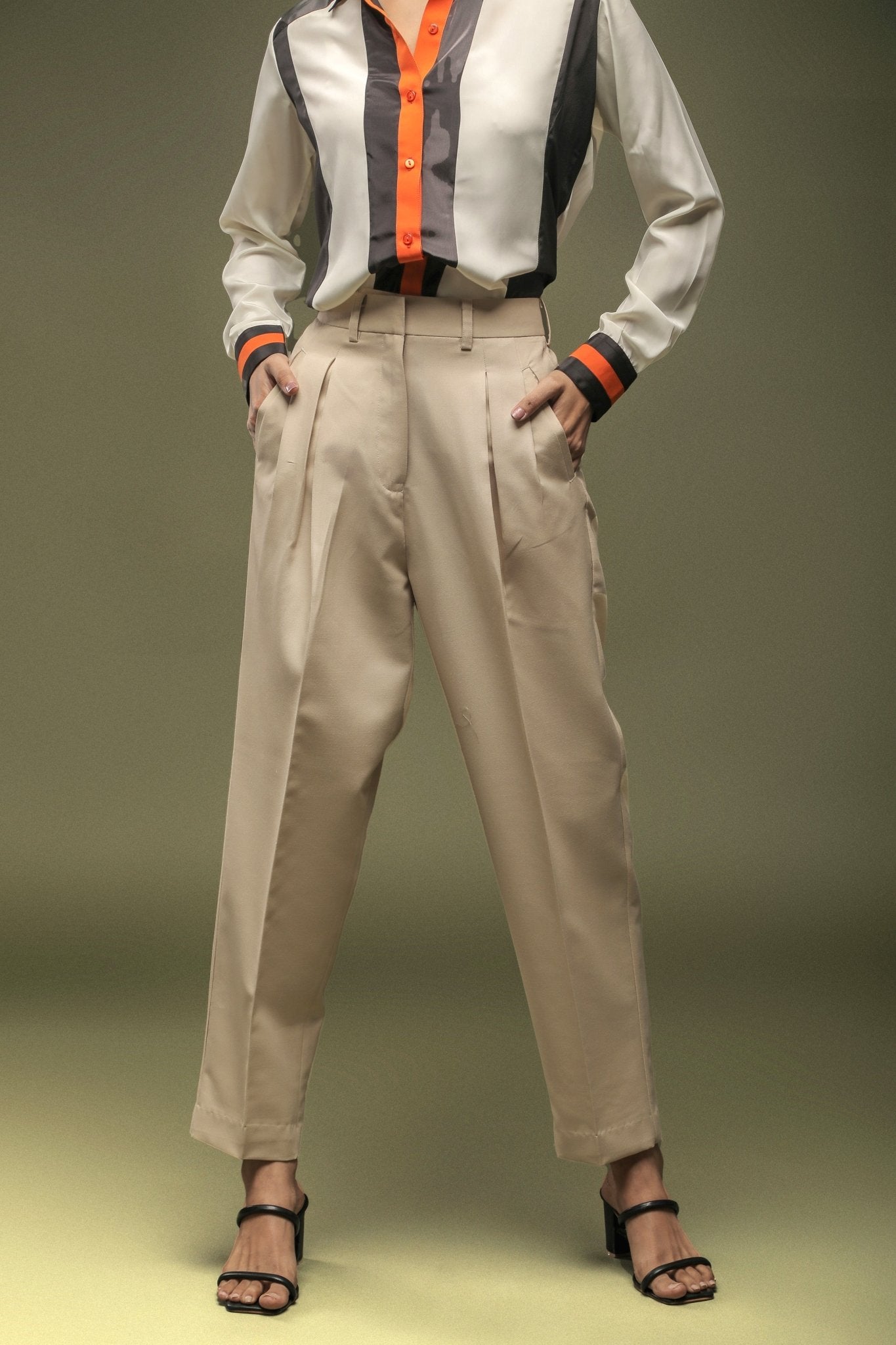 Off White Black Panel Shirt & Beige High Waist Baggy Pant Combo - Dheeraj Sharma