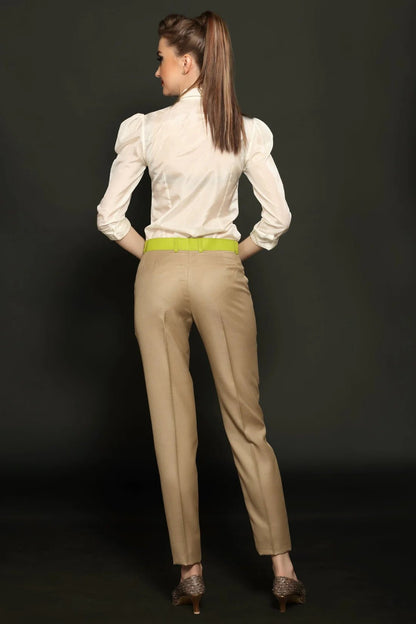 Off White Crepe Formal Shirt & Dark Beige Formal Trouser Combo - Dheeraj Sharma