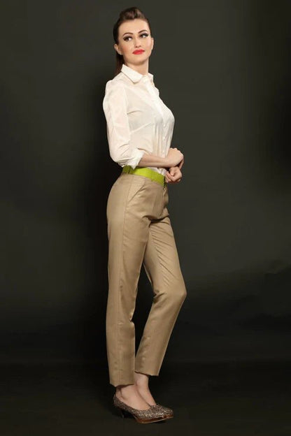 Off White Crepe Formal Shirt & Dark Beige Formal Trouser Combo - Dheeraj Sharma