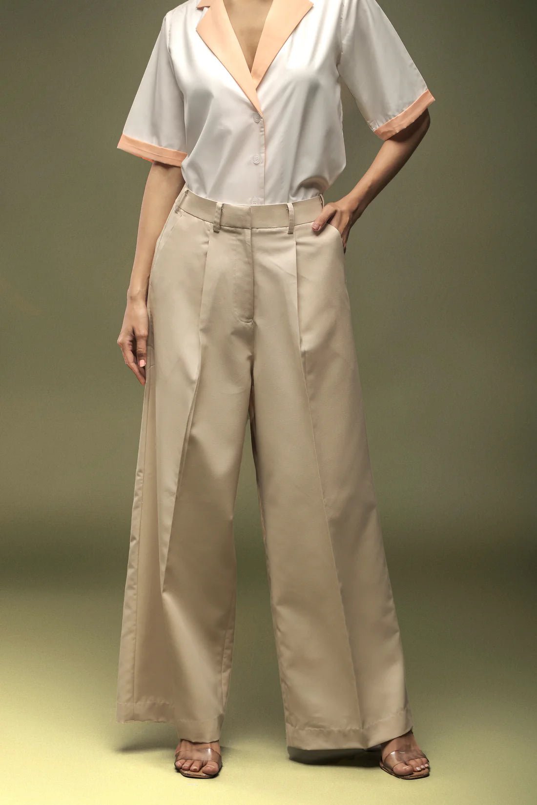 Off White Notch Collar Shirt & Beige Loose Pants Combo - Dheeraj Sharma