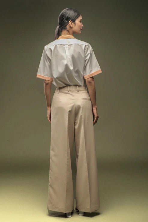 Off White Notch Collar Shirt & Beige Loose Pants Combo - Dheeraj Sharma