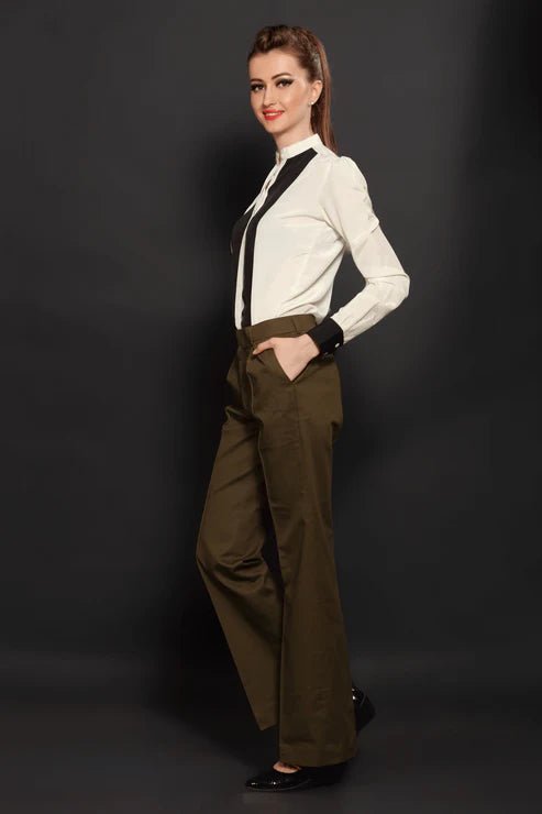 Off - White Panel Shirt & Brown Cotton Parallel Trouser Combo - Dheeraj Sharma