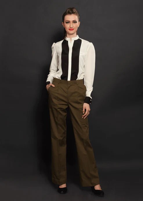 Off - White Panel Shirt & Brown Cotton Parallel Trouser Combo - Dheeraj Sharma