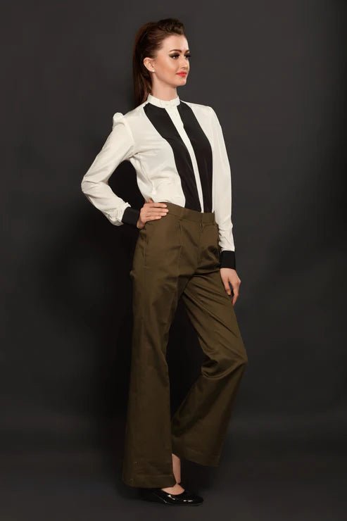 Off - White Panel Shirt & Brown Cotton Parallel Trouser Combo - Dheeraj Sharma