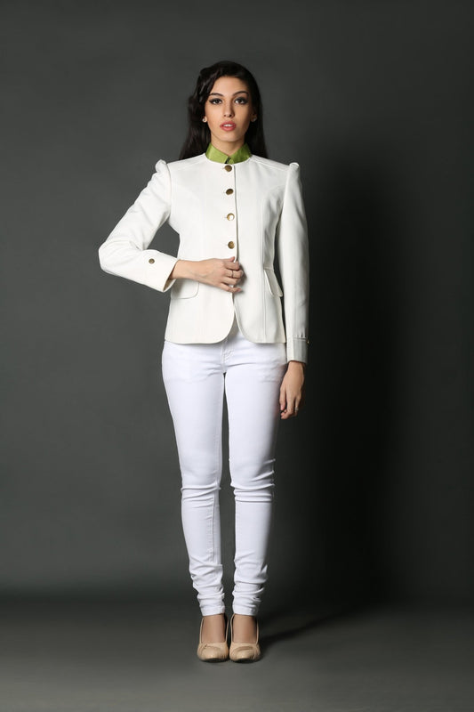 Off White Round Neck Blazer - Dheeraj Sharma