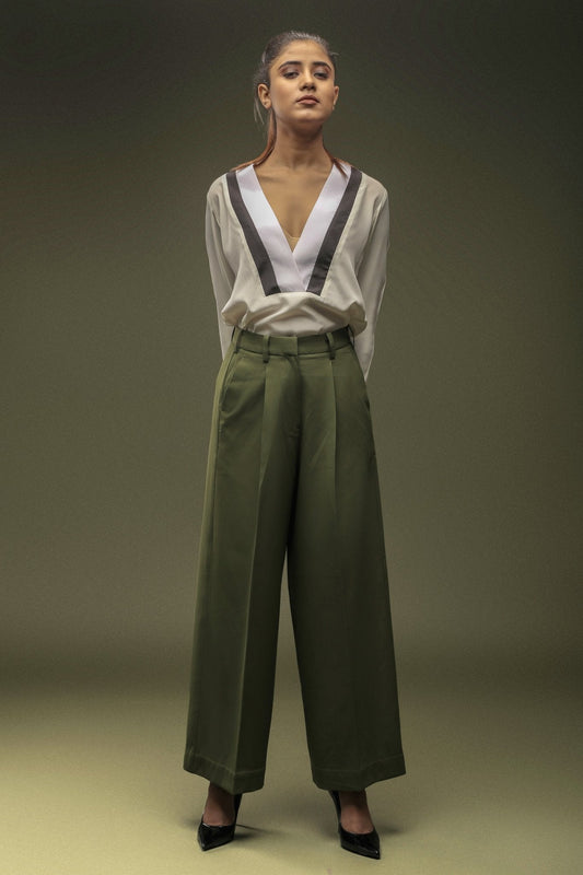 Off White V - Neck Shirt & Green loose Pants Combo - Dheeraj Sharma