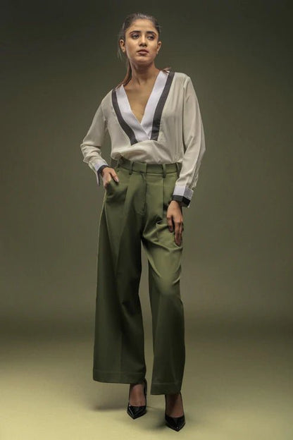 Off White V - Neck Shirt & Green loose Pants Combo - Dheeraj Sharma