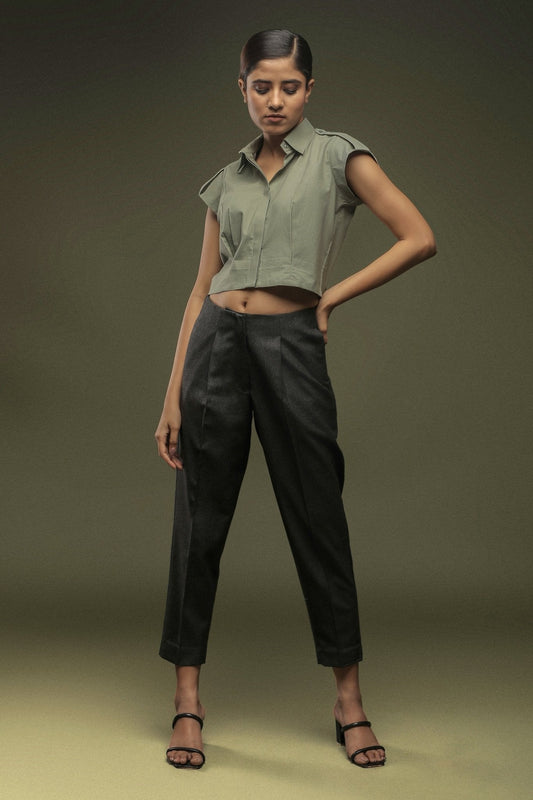 Olive Green Cotton Crop Top & Dark Grey Ankle Length Baggy Pant Combo - Dheeraj Sharma