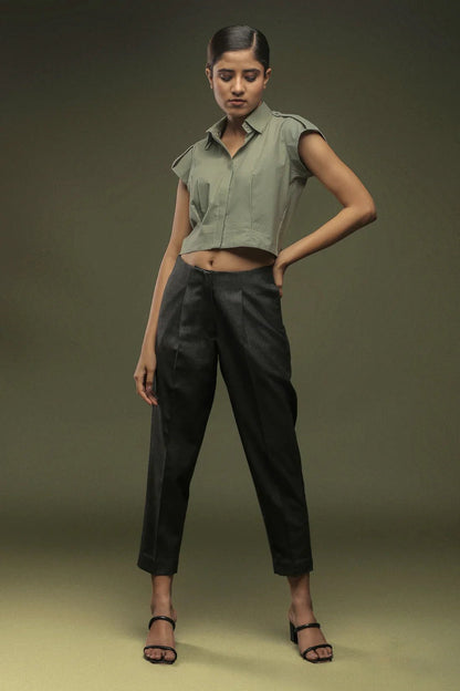 Olive Green Cotton Crop Top & Dark Grey Ankle Length Baggy Pant Combo - Dheeraj Sharma