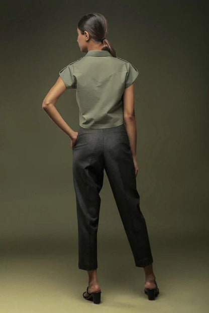 Olive Green Cotton Crop Top & Dark Grey Ankle Length Baggy Pant Combo - Dheeraj Sharma