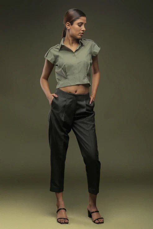 Olive Green Cotton Crop Top & Dark Grey Ankle Length Baggy Pant Combo - Dheeraj Sharma