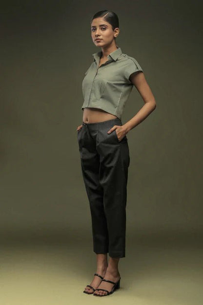 Olive Green Cotton Crop Top & Dark Grey Ankle Length Baggy Pant Combo - Dheeraj Sharma