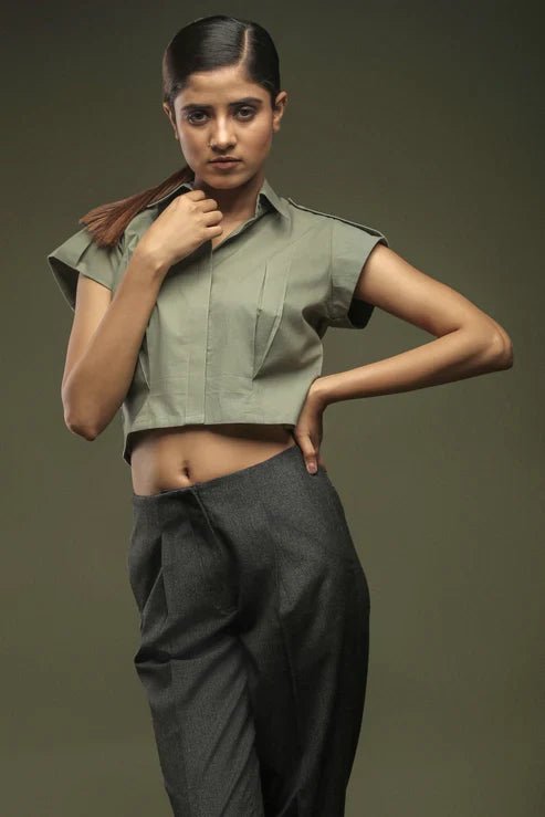 Olive Green Cotton Crop Top & Dark Grey Ankle Length Baggy Pant Combo - Dheeraj Sharma