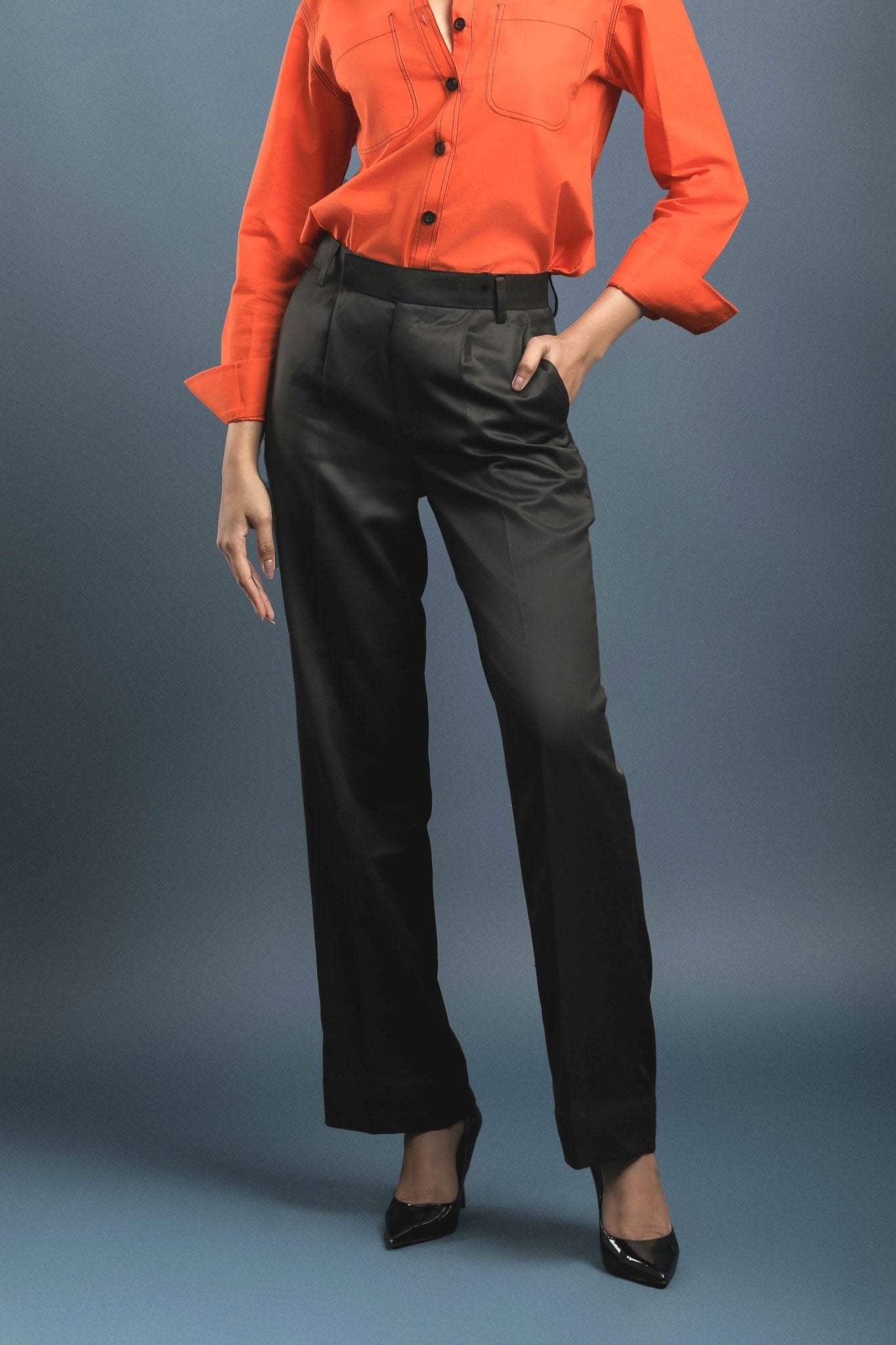 Orange Cotton Shirt & Black Straight Formal Trouser Combo - Dheeraj Sharma