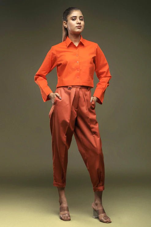 Orange Crop Shirt & Rust Cropped Pant Combo - Dheeraj Sharma