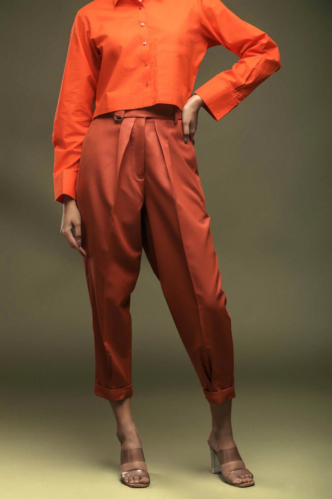 Orange Crop Shirt & Rust Cropped Pant Combo - Dheeraj Sharma