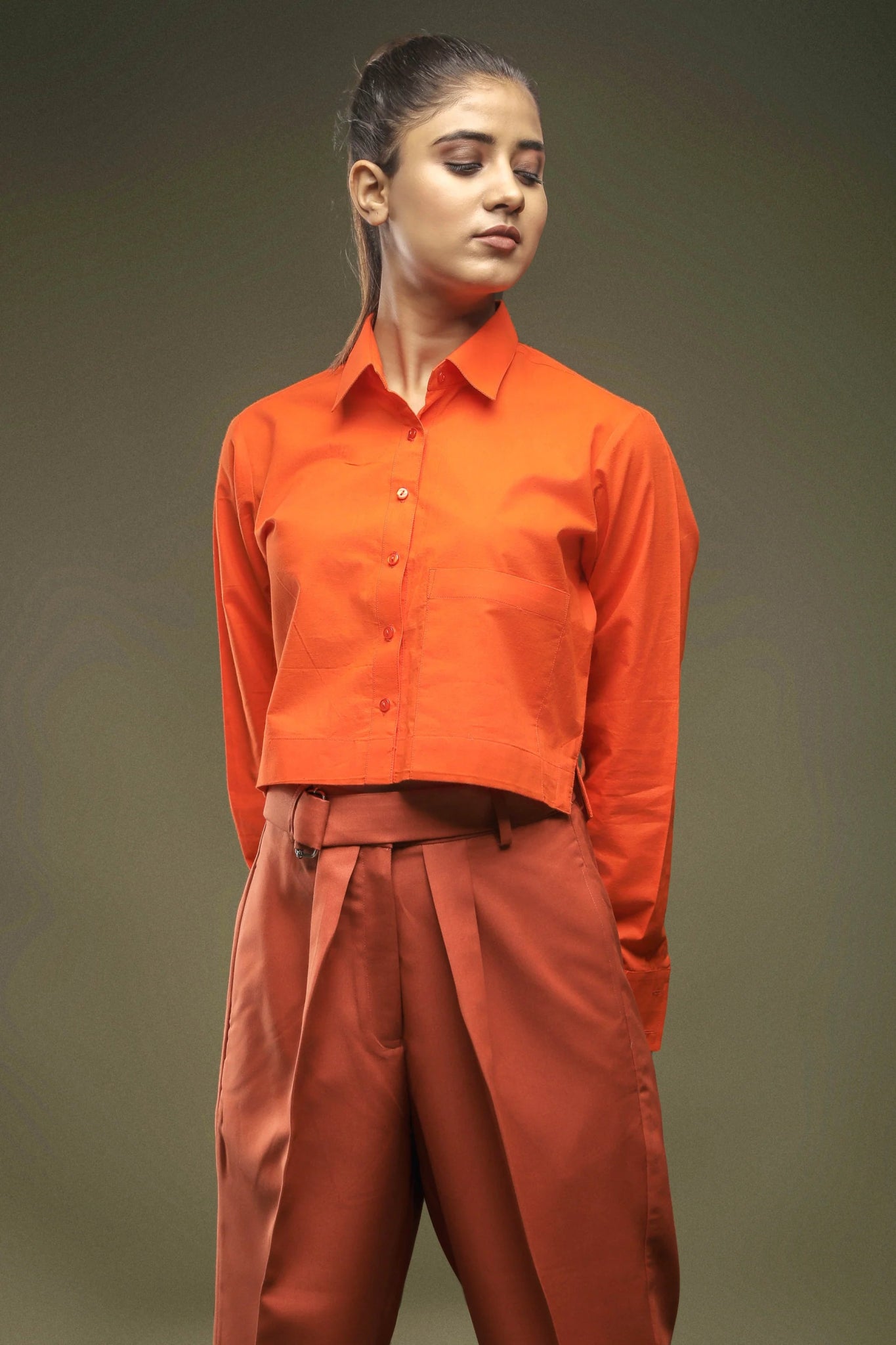 Orange Crop Shirt & Rust Cropped Pant Combo - Dheeraj Sharma