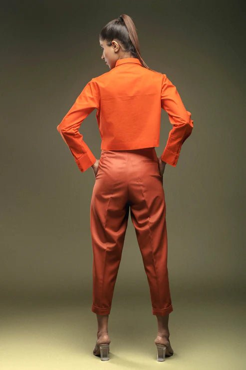 Orange Crop Shirt & Rust Cropped Pant Combo - Dheeraj Sharma