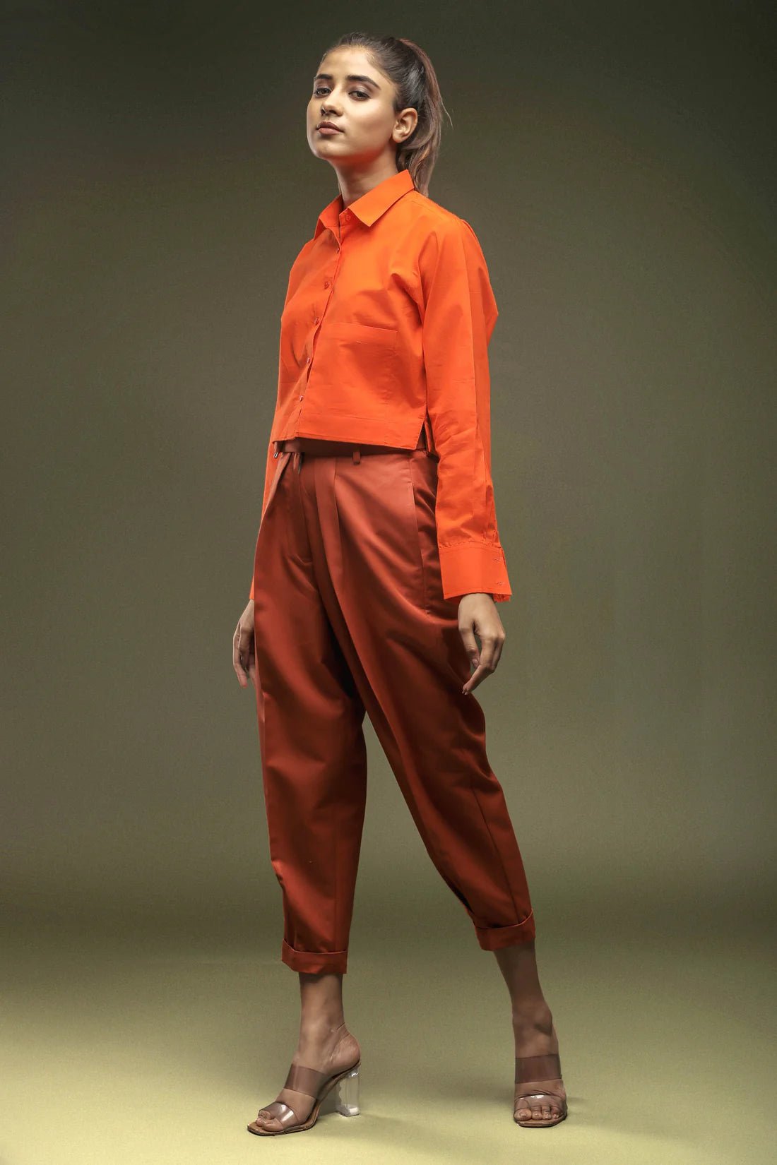 Orange Crop Shirt & Rust Cropped Pant Combo - Dheeraj Sharma