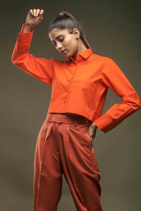 Orange Crop Shirt & Rust Cropped Pant Combo - Dheeraj Sharma