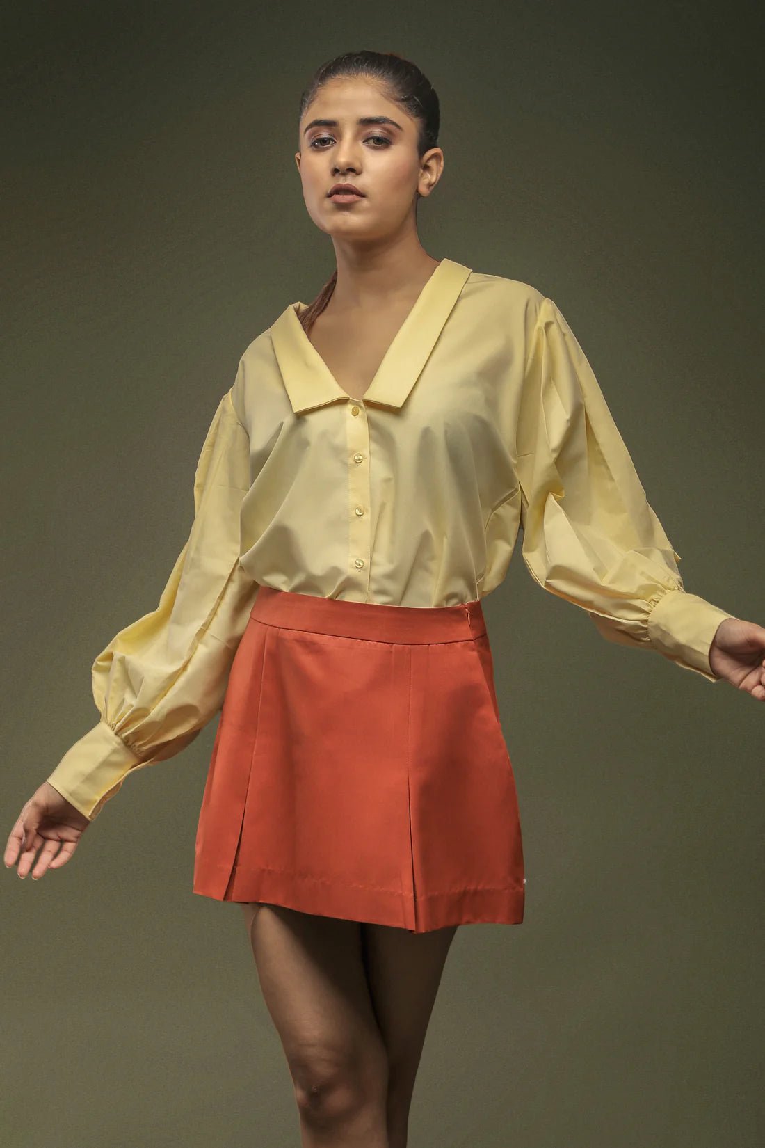 Pale Yellow Loose Fit Shirt & Rust Orange Short Skirt Combo - Dheeraj Sharma