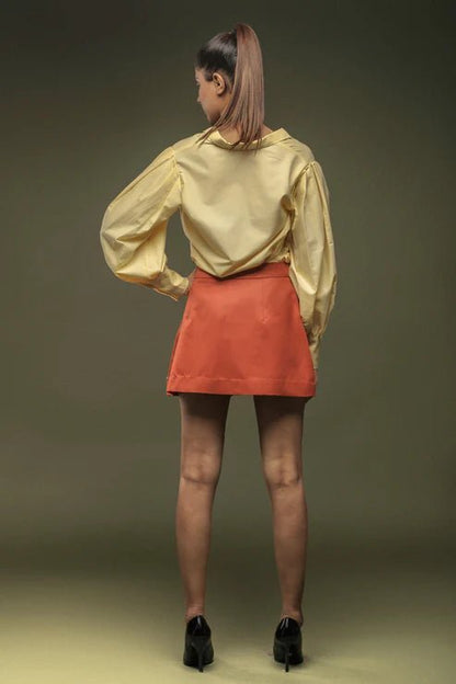 Pale Yellow Loose Fit Shirt & Rust Orange Short Skirt Combo - Dheeraj Sharma