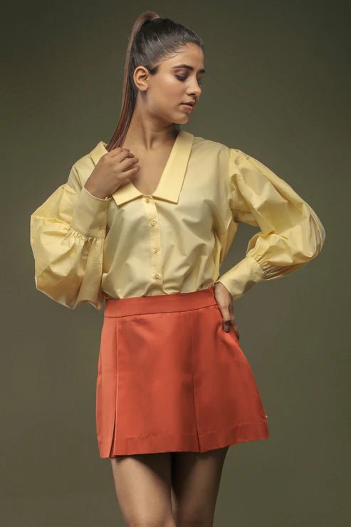 Pale Yellow Loose Fit Shirt & Rust Orange Short Skirt Combo - Dheeraj Sharma