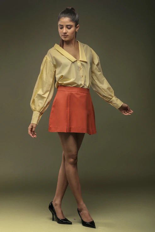 Pale Yellow Loose Fit Shirt & Rust Orange Short Skirt Combo - Dheeraj Sharma