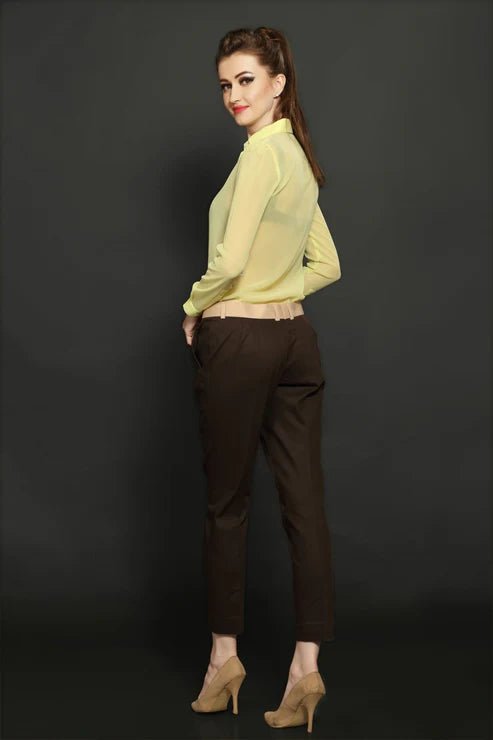 Pale Yellow Shirt & Brown Cotton Trouser Combo - Dheeraj Sharma