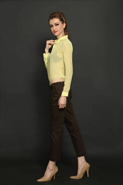 Pale Yellow Shirt & Brown Cotton Trouser Combo - Dheeraj Sharma