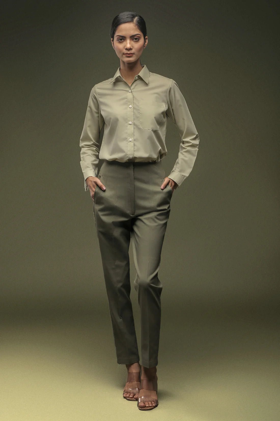 Pastel Green Back Slit Shirt & Olive Green Slim Fit Trouser Combo - Dheeraj Sharma