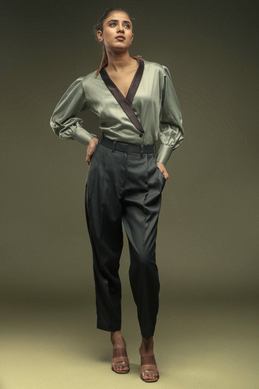 Pastel Green Shawl Collar Shirt & Dark Green Double Pleated Trouser Combo - Dheeraj Sharma