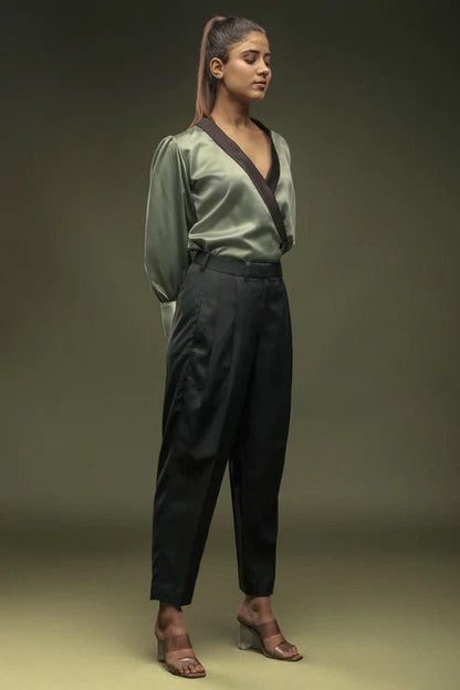 Pastel Green Shawl Collar Shirt & Dark Green Double Pleated Trouser Combo - Dheeraj Sharma