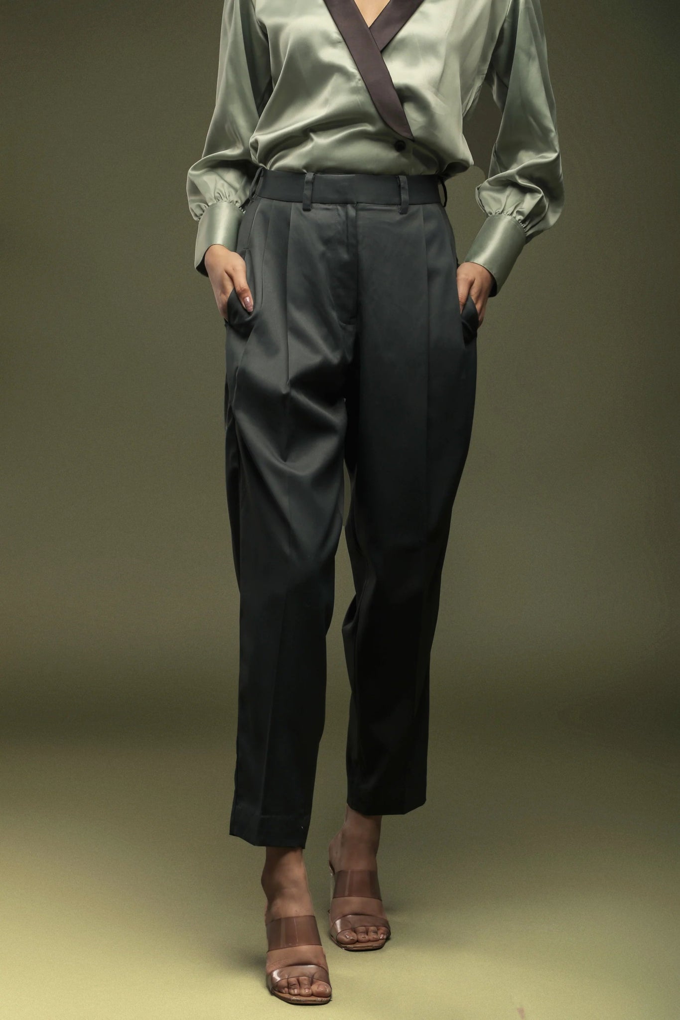 Pastel Green Shawl Collar Shirt & Dark Green Double Pleated Trouser Combo - Dheeraj Sharma