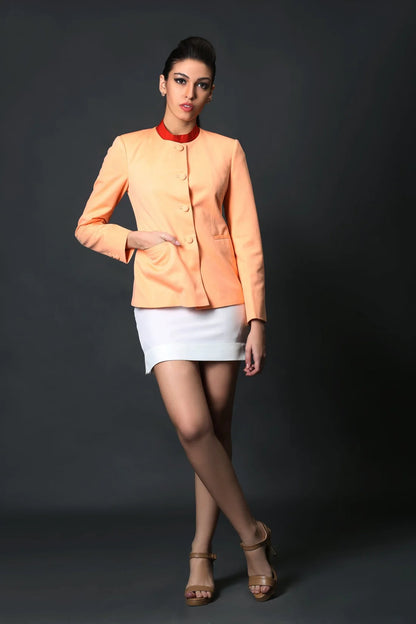 Peach Round Neck Blazer & Ivory Short Skirt Suit