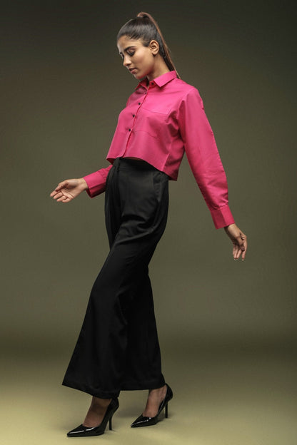 Pink Cropped Shirt & Black Bellbottom Trouser Combo - Dheeraj Sharma