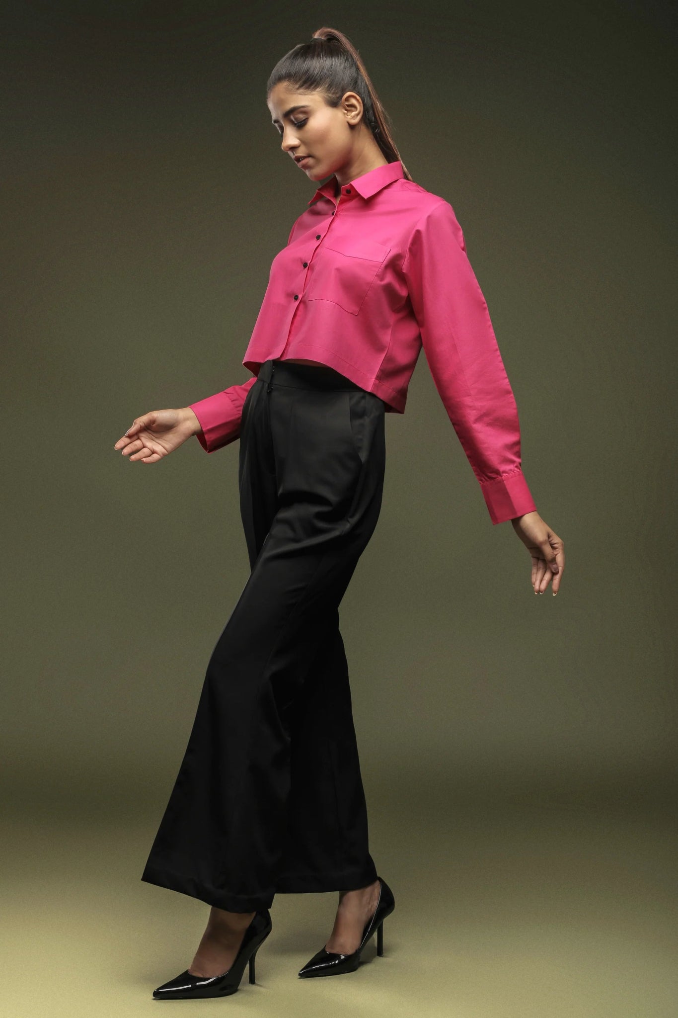 Pink Cropped Shirt & Black Bellbottom Trouser Combo - Dheeraj Sharma