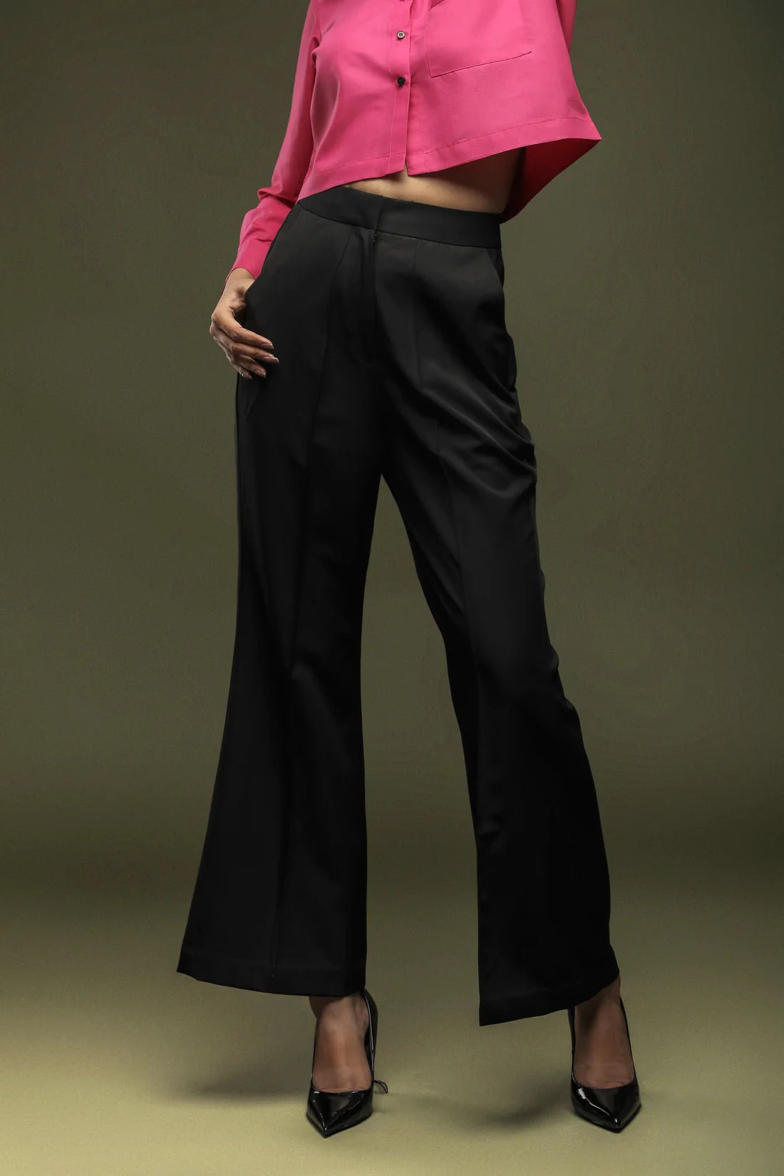 Pink Cropped Shirt & Black Bellbottom Trouser Combo - Dheeraj Sharma