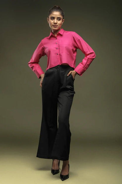 Pink Cropped Shirt & Black Bellbottom Trouser Combo - Dheeraj Sharma