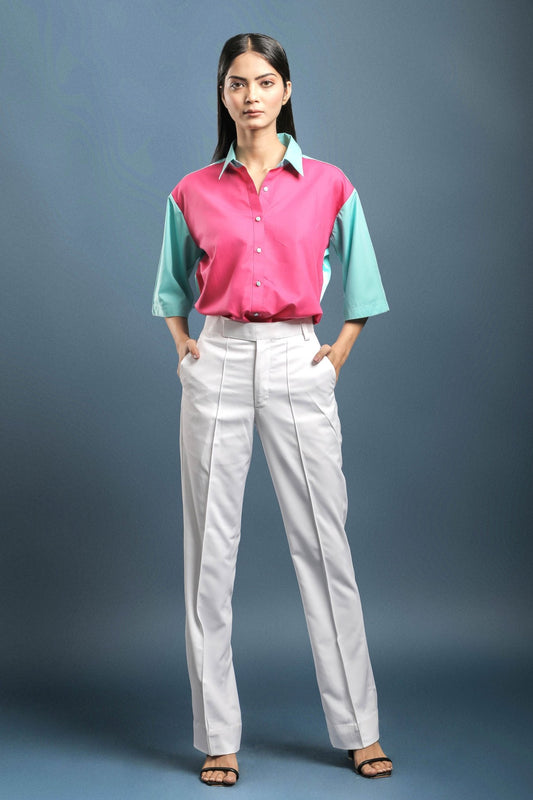 Pink Dual Colour Shirt & White Boot Cut Trouser Combo - Dheeraj Sharma