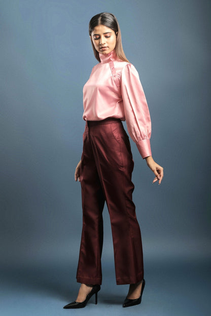 Pink High Neck Shirt & Wine Bellbottom Trouser Combo - Dheeraj Sharma