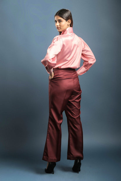 Pink High Neck Shirt & Wine Bellbottom Trouser Combo - Dheeraj Sharma