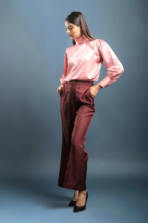 Pink High Neck Shirt & Wine Bellbottom Trouser Combo - Dheeraj Sharma