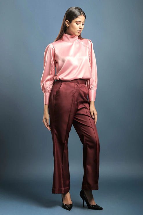 Pink High Neck Shirt & Wine Bellbottom Trouser Combo - Dheeraj Sharma