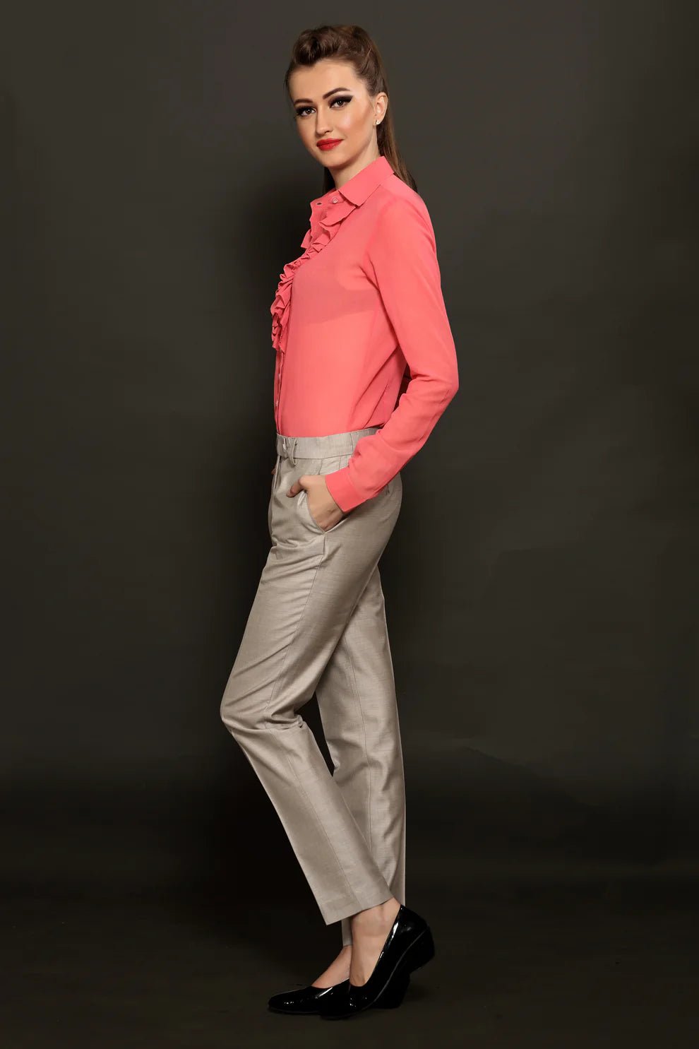 Pink Ruffle Neck Shirt & Grey Formal Trouser Combo - Dheeraj Sharma