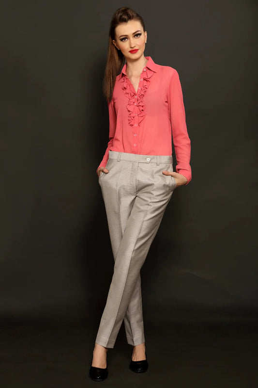 Pink Ruffle Neck Shirt & Grey Formal Trouser Combo - Dheeraj Sharma