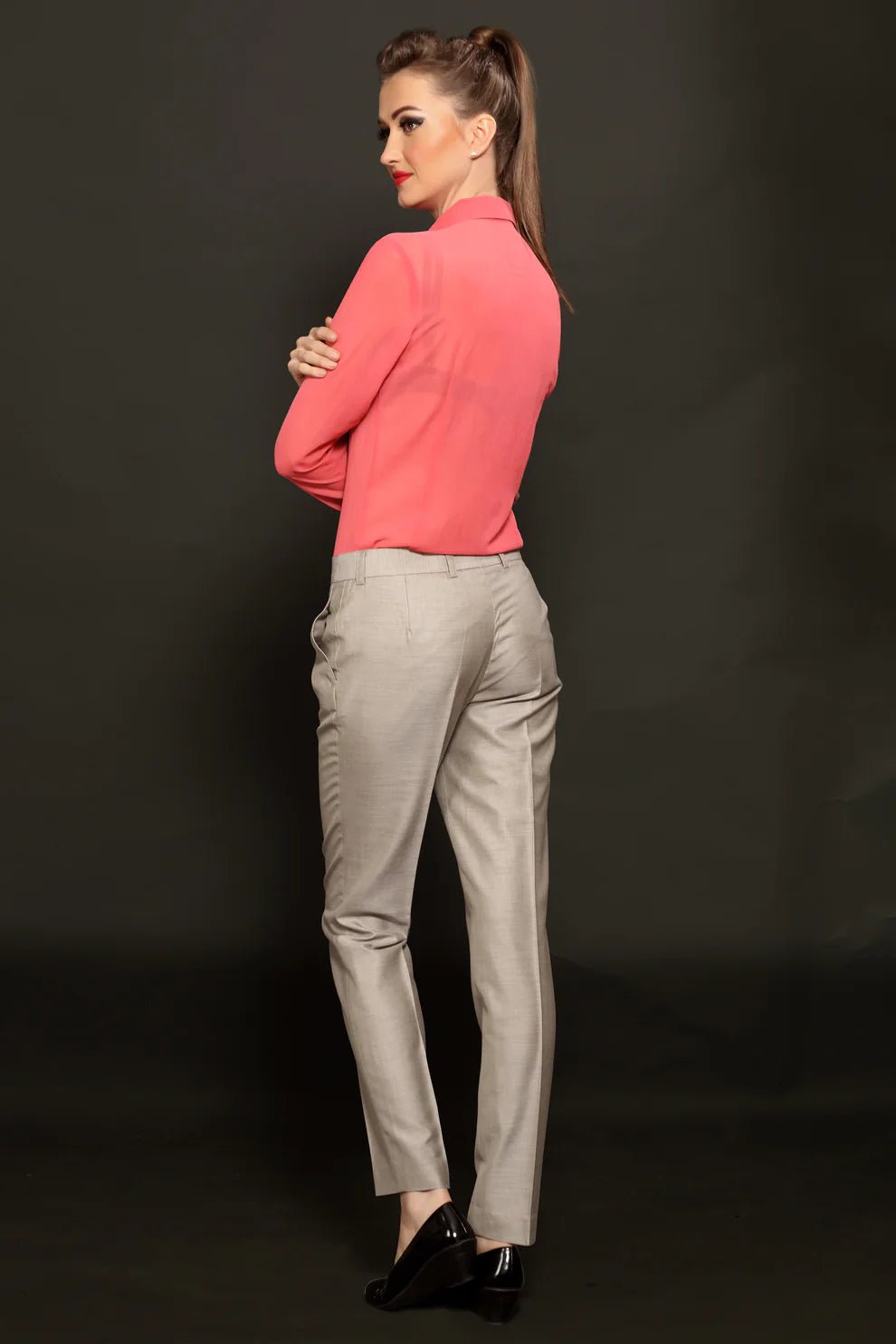 Pink Ruffle Neck Shirt & Grey Formal Trouser Combo - Dheeraj Sharma