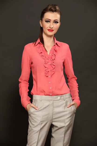 Pink Ruffle Neck Shirt & Grey Formal Trouser Combo - Dheeraj Sharma