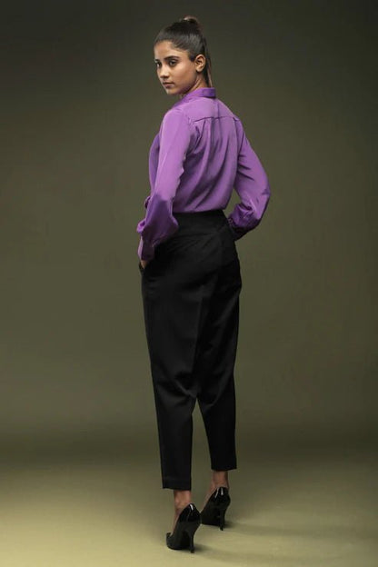 Purple Frill Shirt & Black Baggy Cropped Trouser Combo - Dheeraj Sharma